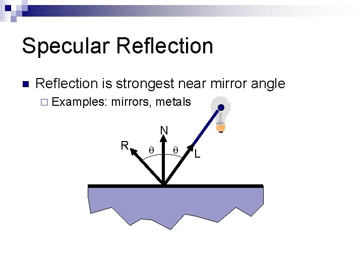 Specular Reflection n Reflection is strongest near mirror angle ¨ Examples: mirrors, metals N