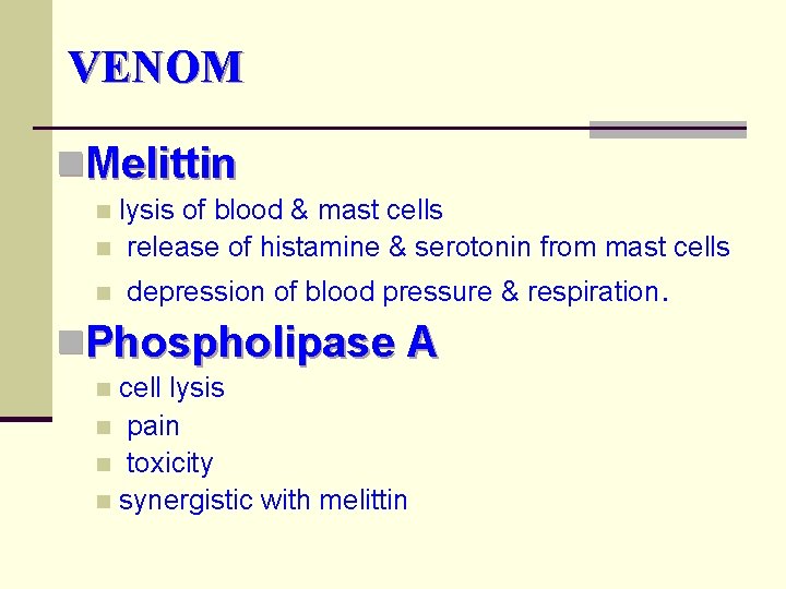 VENOM n. Melittin lysis of blood & mast cells n release of histamine &