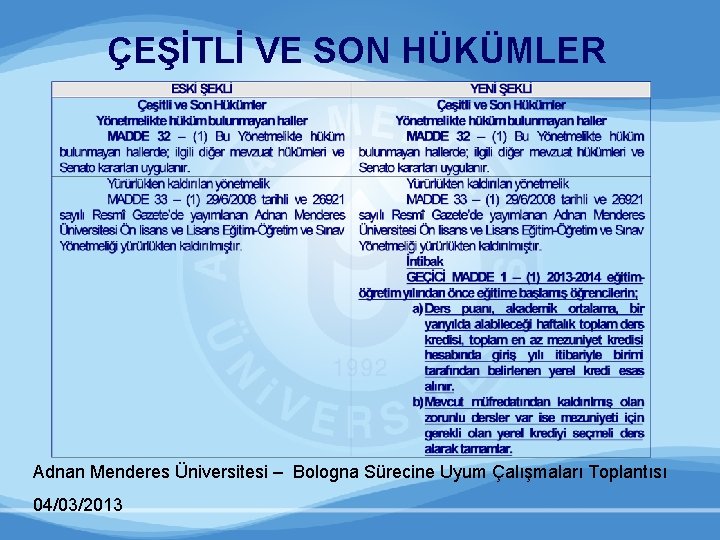 ÇEŞİTLİ VE SON HÜKÜMLER Adnan Menderes Üniversitesi – Bologna Sürecine Uyum Çalışmaları Toplantısı 04/03/2013