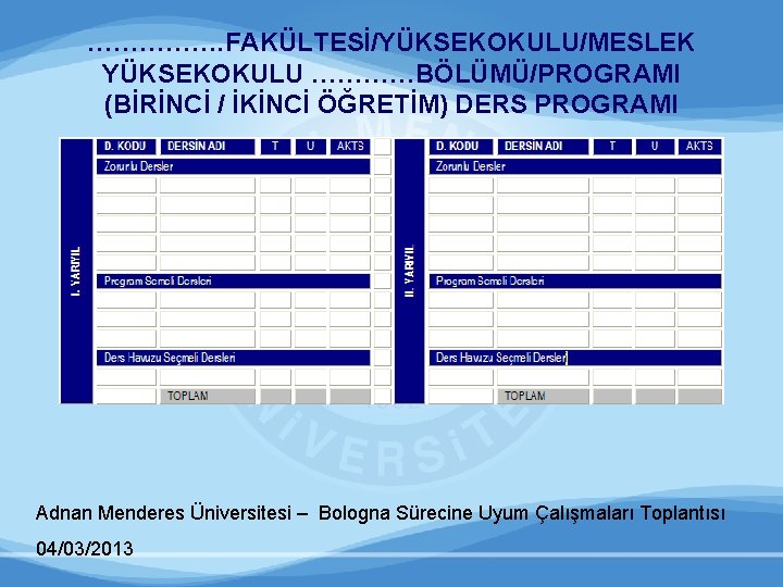 ……………. FAKÜLTESİ/YÜKSEKOKULU/MESLEK YÜKSEKOKULU …………BÖLÜMÜ/PROGRAMI (BİRİNCİ / İKİNCİ ÖĞRETİM) DERS PROGRAMI Adnan Menderes Üniversitesi –