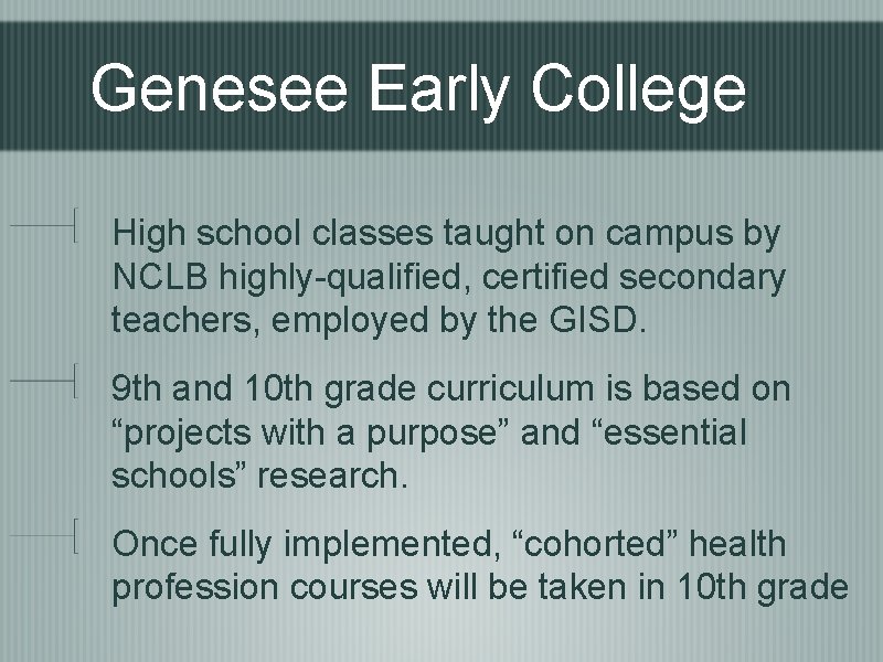 Genesee Early College High school classes taught on campus by NCLB highly-qualified, certified secondary