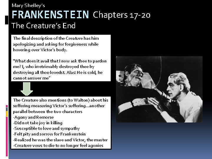 Mary Shelley’s FRANKENSTEIN Chapters 17 -20 The Creature’s End The final description of the