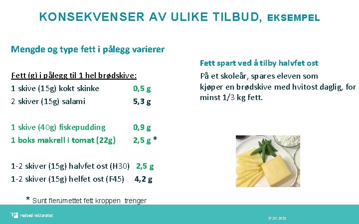 KONSEKVENSER AV ULIKE TILBUD, EKSEMPEL Mengde og type fett i pålegg varierer Fett (g)