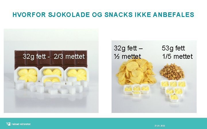 HVORFOR SJOKOLADE OG SNACKS IKKE ANBEFALES 32 g fett - 2/3 mettet 32 g