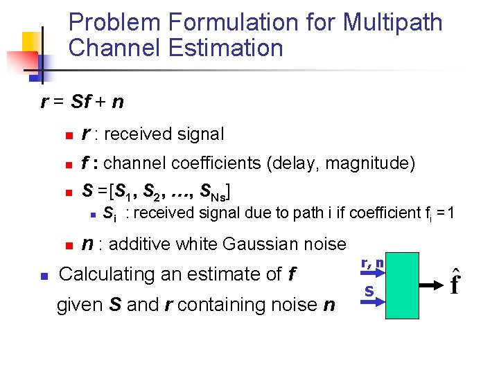 Problem Formulation for Multipath Channel Estimation r = Sf + n n r :