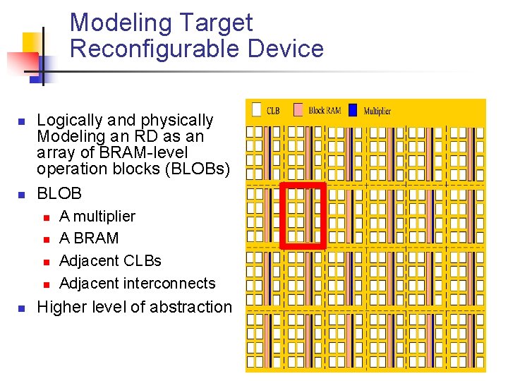 Modeling Target Reconfigurable Device n n Logically and physically Modeling an RD as an