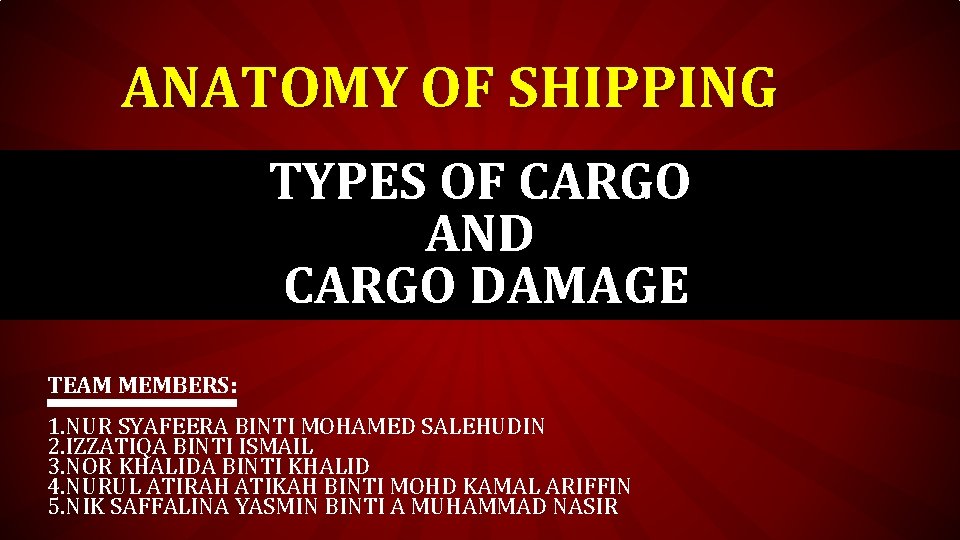 ANATOMY OF SHIPPING TYPES OF CARGO AND CARGO DAMAGE TEAM MEMBERS: 1. NUR SYAFEERA