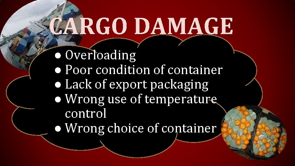 CARGO DAMAGE ● Overloading ● Poor condition of container ● Lack of export packaging