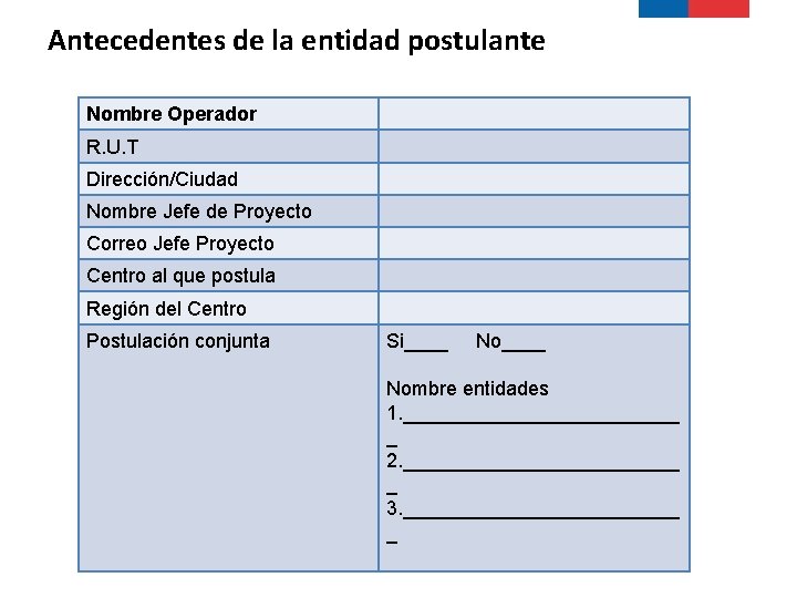 Antecedentes de la entidad postulante Nombre Operador R. U. T Dirección/Ciudad Nombre Jefe de