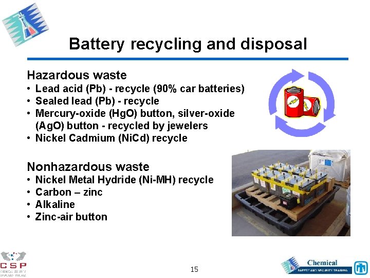 Battery recycling and disposal Hazardous waste • Lead acid (Pb) - recycle (90% car