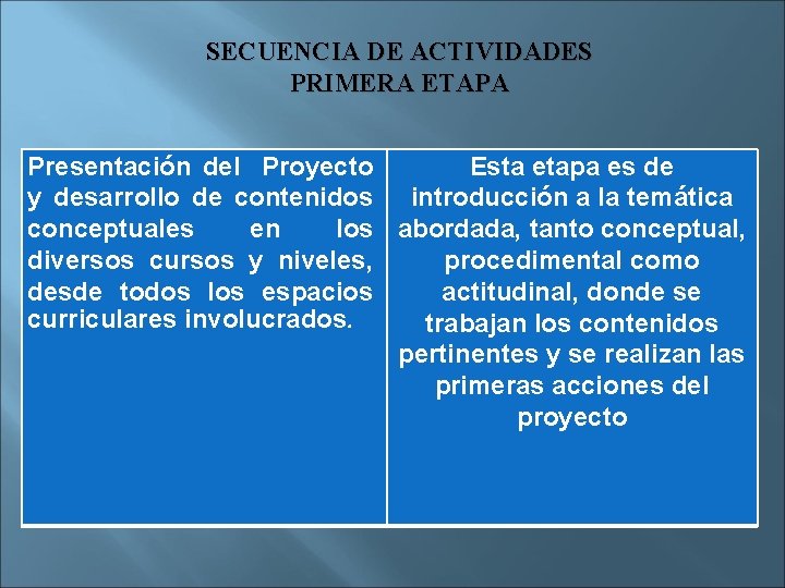 SECUENCIA DE ACTIVIDADES PRIMERA ETAPA Presentación del Proyecto Esta etapa es de y desarrollo