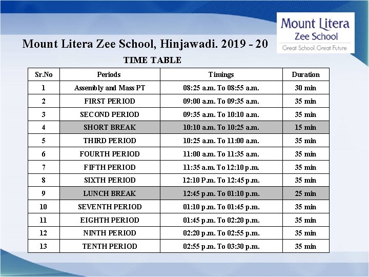 Mount Litera Zee School, Hinjawadi. 2019 - 20 TIME TABLE Sr. No Periods Timings