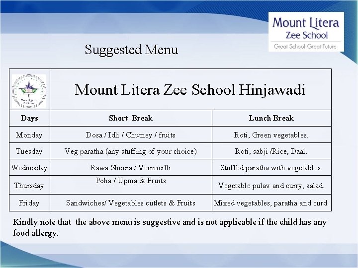 Suggested Menu Mount Litera Zee School Hinjawadi Days Short Break Lunch Break Monday Dosa