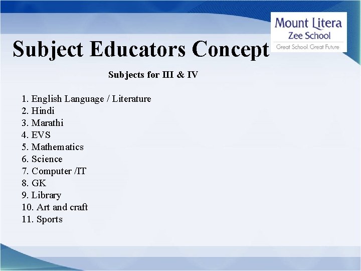 Subject Educators Concept Subjects for III & IV 1. English Language / Literature 2.