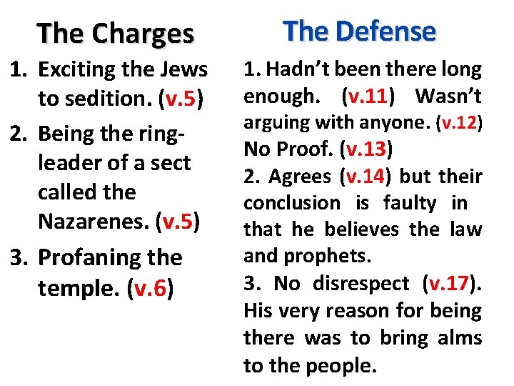 The Charges 1. Exciting the Jews to sedition. (v. 5) 2. Being the ringleader
