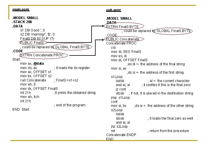 main. asm: sub. asm: . MODEL SMALL. STACK 200. DATA s 1 DB Good