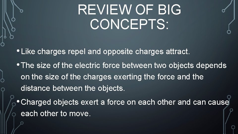 REVIEW OF BIG CONCEPTS: • Like charges repel and opposite charges attract. • The