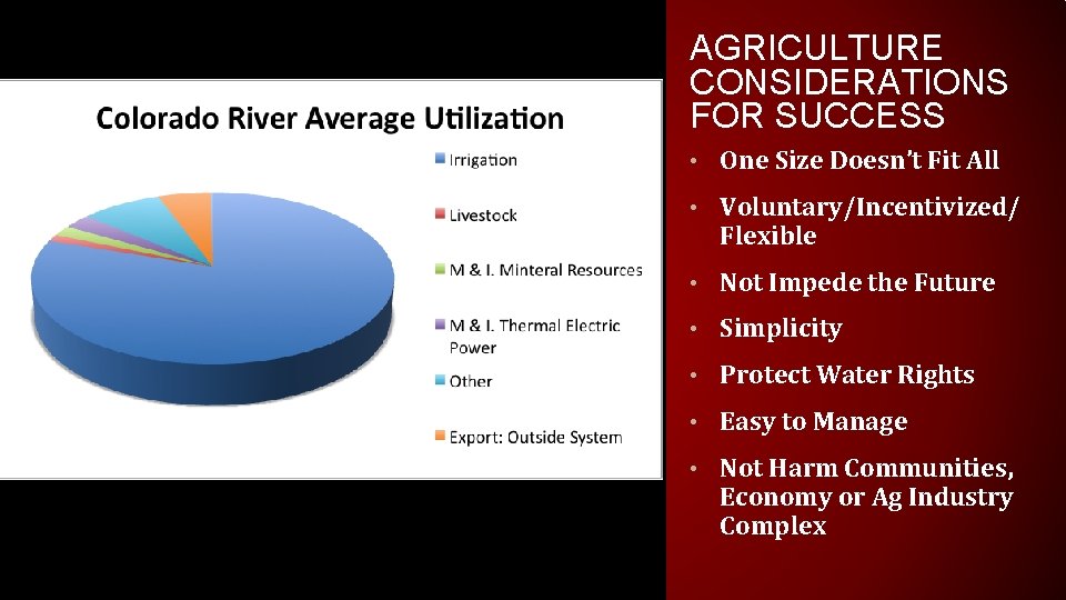 AGRICULTURE CONSIDERATIONS FOR SUCCESS • One Size Doesn’t Fit All • Voluntary/Incentivized/ Flexible •