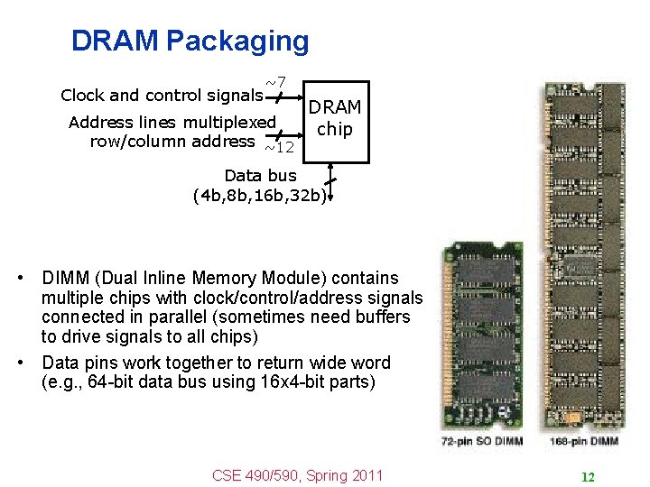 DRAM Packaging Clock and control signals ~7 Address lines multiplexed row/column address ~12 DRAM