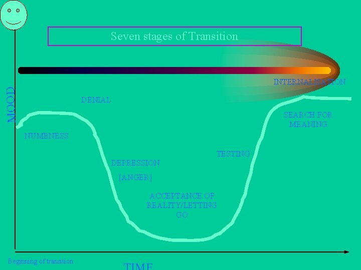 Seven stages of Transition MOOD INTERNALISATION DENIAL SEARCH FOR MEANING NUMBNESS TESTING DEPRESSION [ANGER]