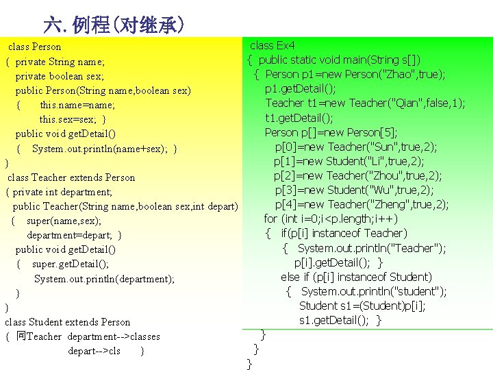 六. 例程(对继承) class Ex 4 class Person { public static void main(String s[]) {