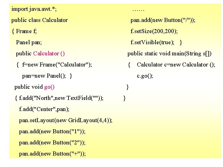import java. awt. *; …… public class Calculator pan. add(new Button("/")); { Frame f;