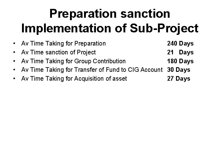 Preparation sanction Implementation of Sub-Project • • • Av Time Taking for Preparation Av