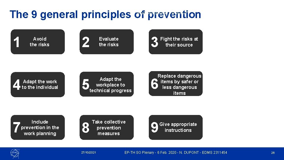 The 9 general principles of prevention 1 Avoid the risks 4 Adapt the work The 9 general principles of prevention 1 Avoid the risks 4 Adapt the work