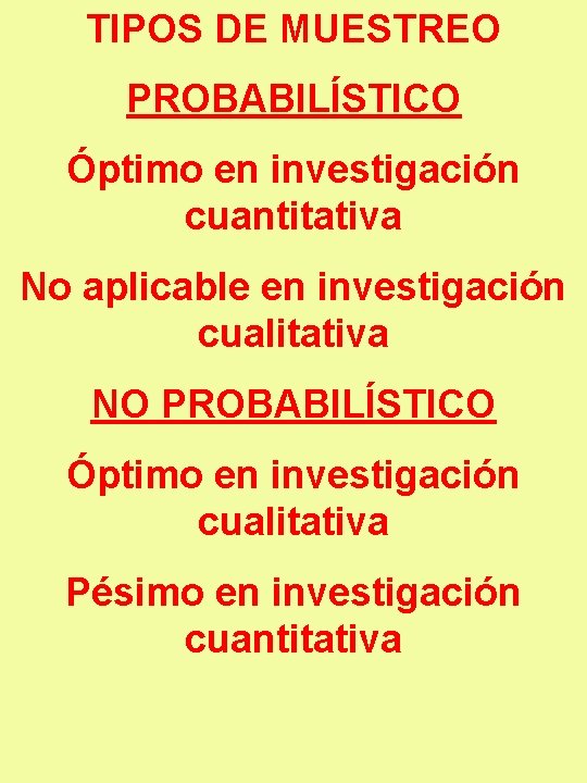 TIPOS DE MUESTREO PROBABILÍSTICO Óptimo en investigación cuantitativa No aplicable en investigación cualitativa NO