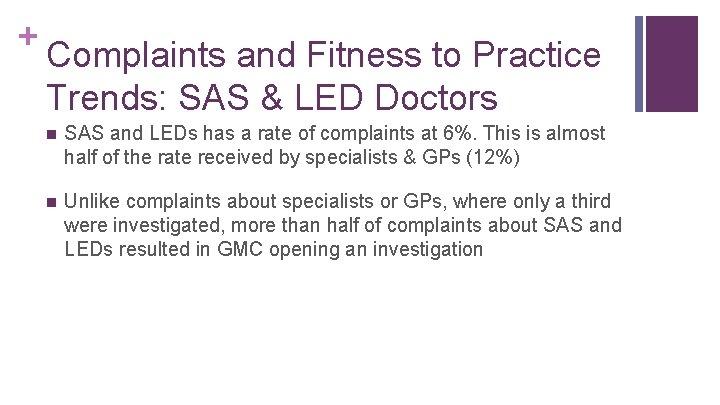 + Complaints and Fitness to Practice Trends: SAS & LED Doctors n SAS and