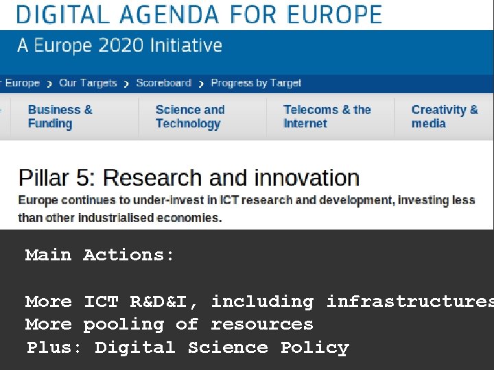 Main Actions: More ICT R&D&I, including infrastructures More pooling of resources Plus: Digital Science