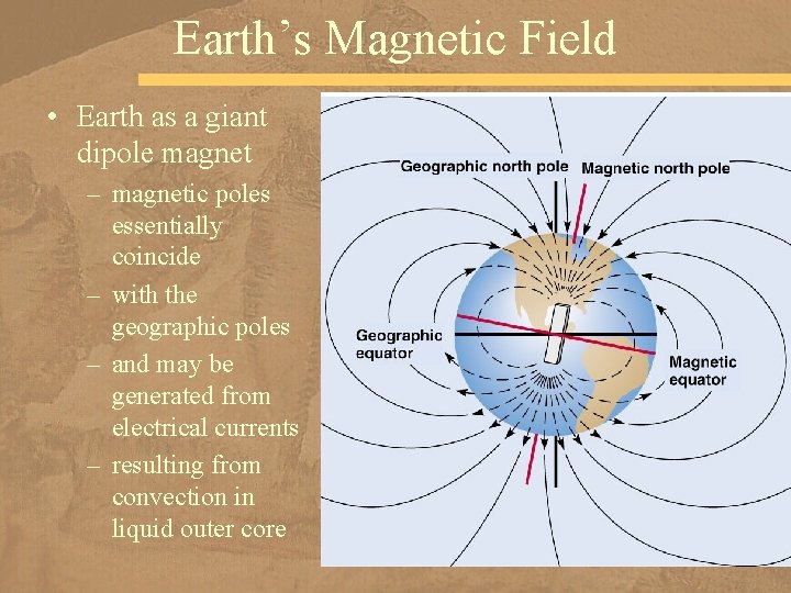 Earth’s Magnetic Field • Earth as a giant dipole magnet – magnetic poles essentially