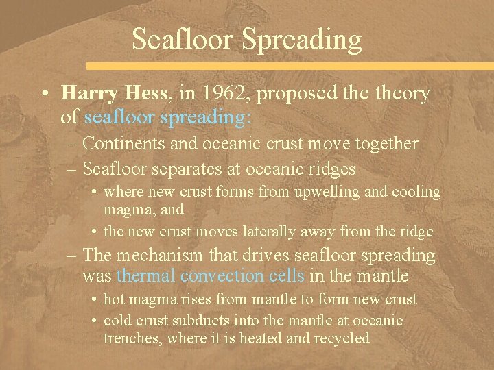 Seafloor Spreading • Harry Hess, in 1962, proposed theory of seafloor spreading: – Continents