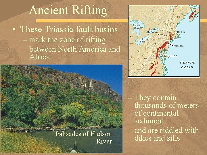 Ancient Rifting • These Triassic fault basins – mark the zone of rifting –