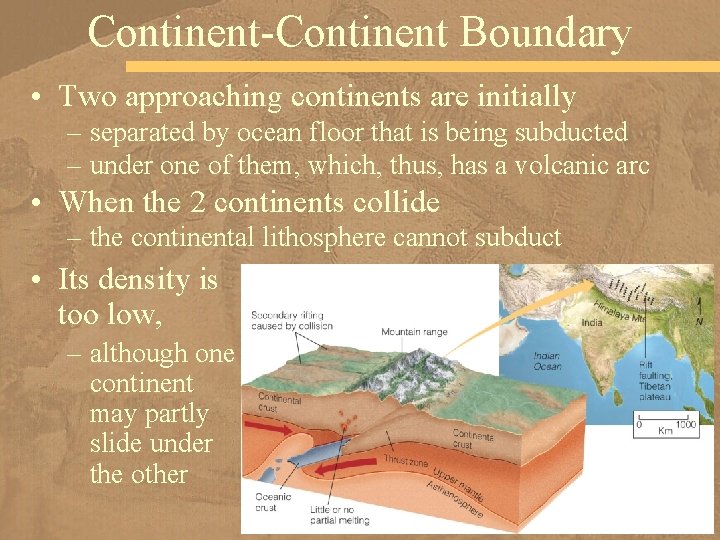 Continent-Continent Boundary • Two approaching continents are initially – separated by ocean floor that