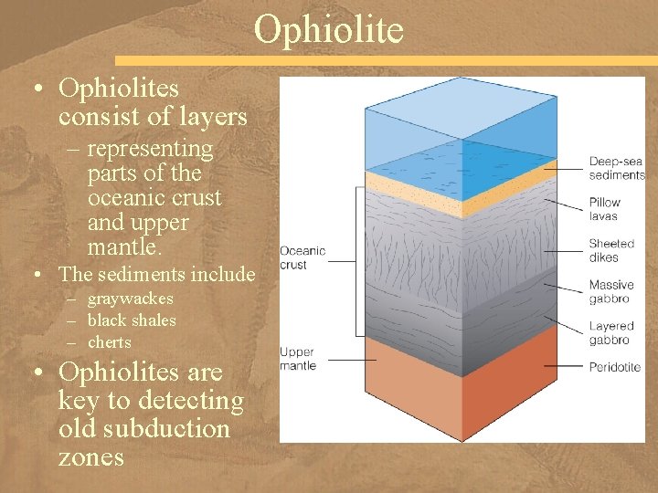 Ophiolite • Ophiolites consist of layers – representing parts of the oceanic crust and