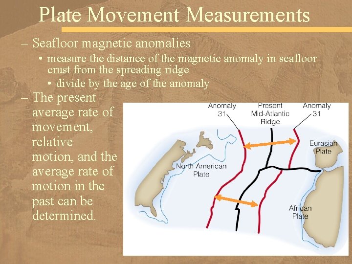 Plate Movement Measurements – Seafloor magnetic anomalies • measure the distance of the magnetic