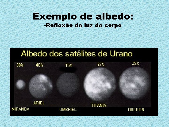 Exemplo de albedo: -Reflexão de luz do corpo 