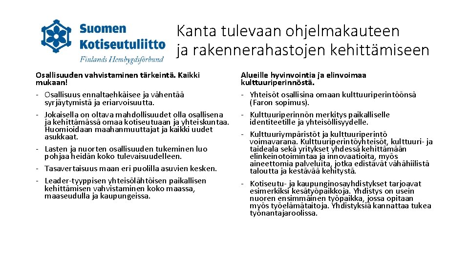 Kanta tulevaan ohjelmakauteen ja rakennerahastojen kehittämiseen Osallisuuden vahvistaminen tärkeintä. Kaikki mukaan! - Osallisuus ennaltaehkäisee