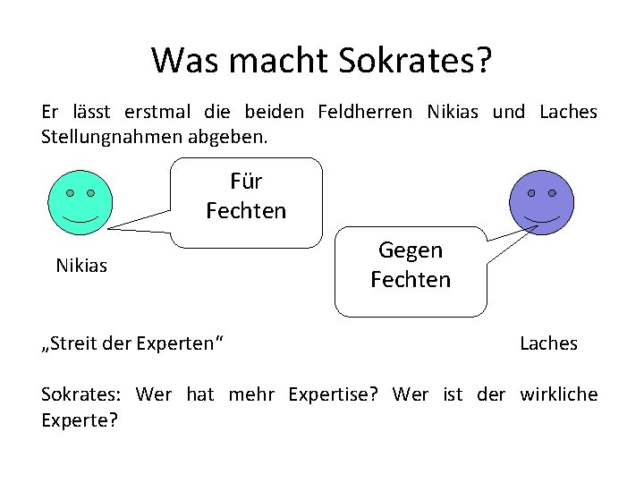 Was macht Sokrates? Er lässt erstmal die beiden Feldherren Nikias und Laches Stellungnahmen abgeben.