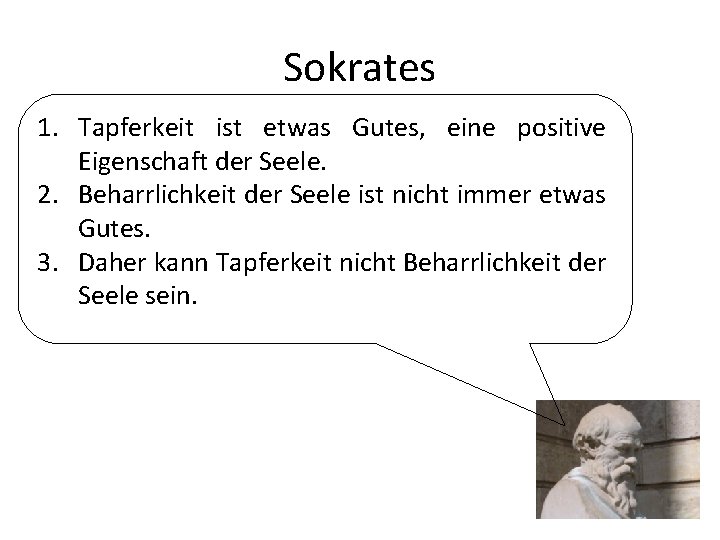 Sokrates 1. Tapferkeit ist etwas Gutes, eine positive Eigenschaft der Seele. 2. Beharrlichkeit der