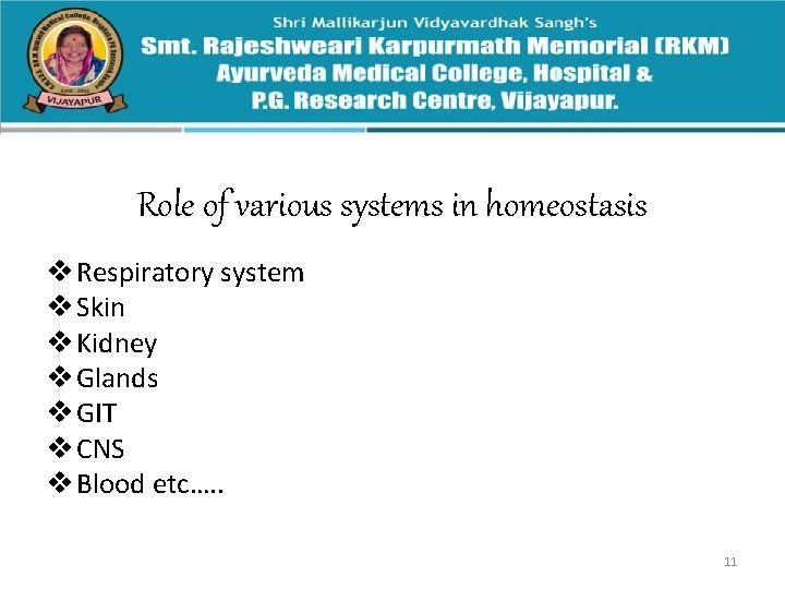 Role of various systems in homeostasis v Respiratory system v Skin v Kidney v