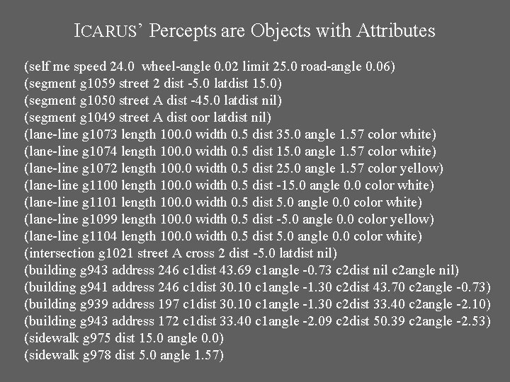 ICARUS’ Percepts are Objects with Attributes (self me speed 24. 0 wheel-angle 0. 02