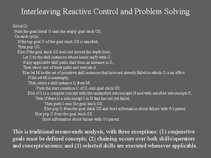 Interleaving Reactive Control and Problem Solving Solve(G) Push the goal literal G onto the