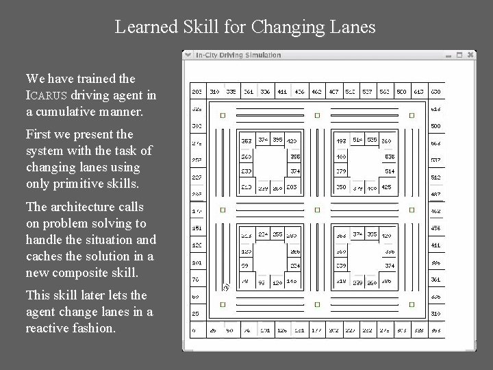 Learned Skill for Changing Lanes We have trained the ICARUS driving agent in a