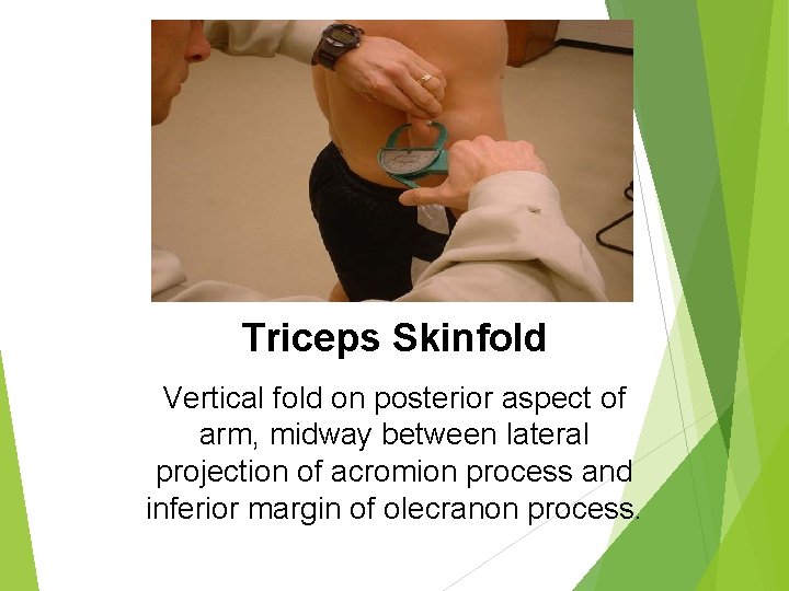 Triceps Skinfold Vertical fold on posterior aspect of arm, midway between lateral projection of