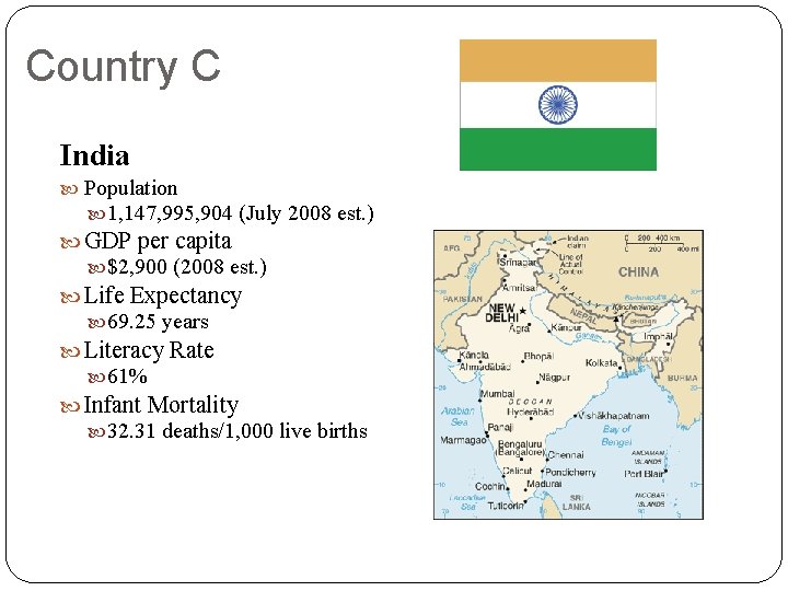 Country C India Population 1, 147, 995, 904 (July 2008 est. ) GDP per