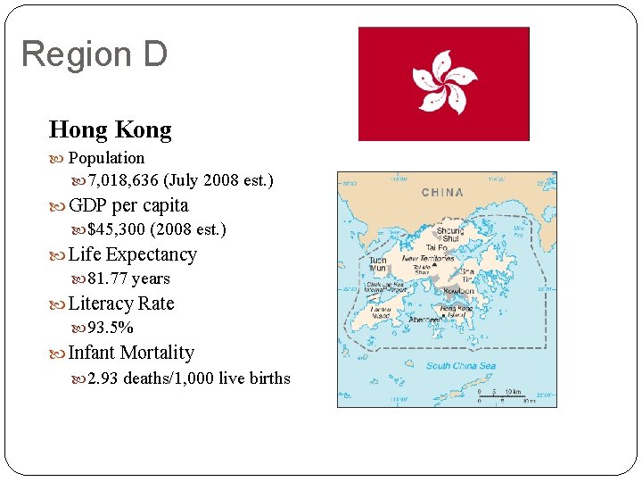 Region D Hong Kong Population 7, 018, 636 (July 2008 est. ) GDP per