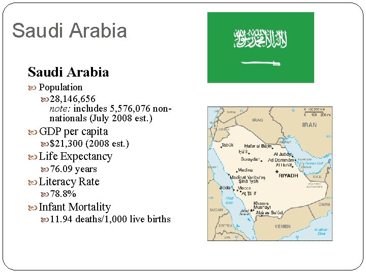 Saudi Arabia Population 28, 146, 656 note: includes 5, 576, 076 nonnationals (July 2008