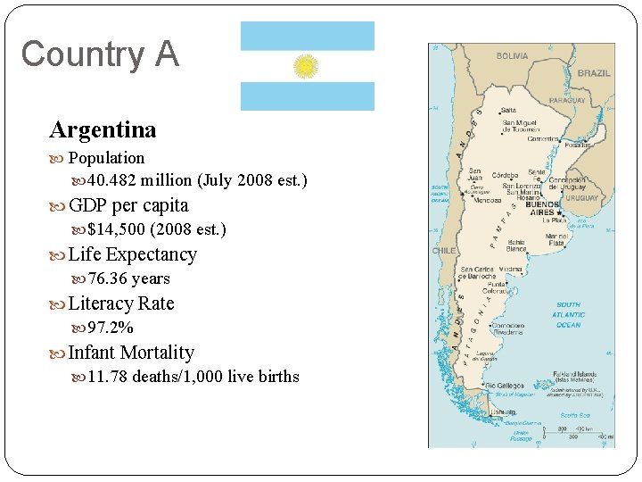 Country A Argentina Population 40. 482 million (July 2008 est. ) GDP per capita